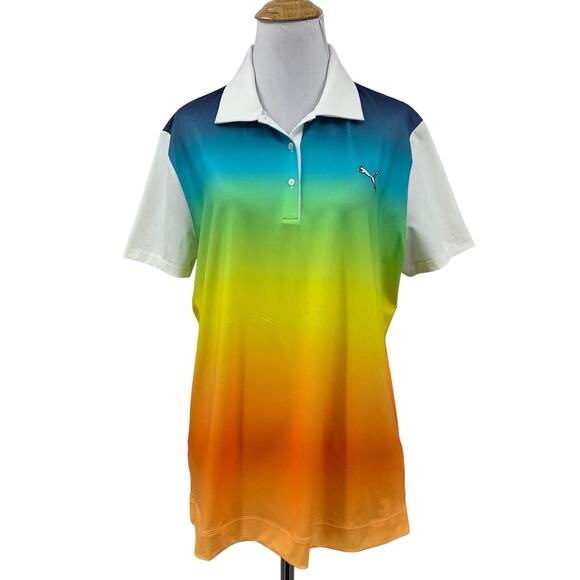 Puma Polo Shirt Women XL Extra Large Colorful Rainbow Short Sleeve Athletic Golf - Picture 1 of 13